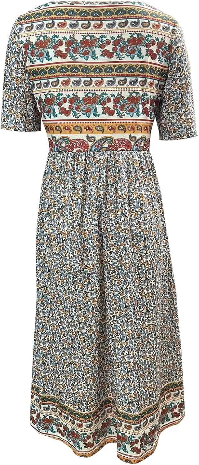 ZOCAVIA Women's Boho Floral Printed Maxi Dress Plus Size Short Sleeve Crew Neck Casual Dress Flowy Long Dress with Pockets