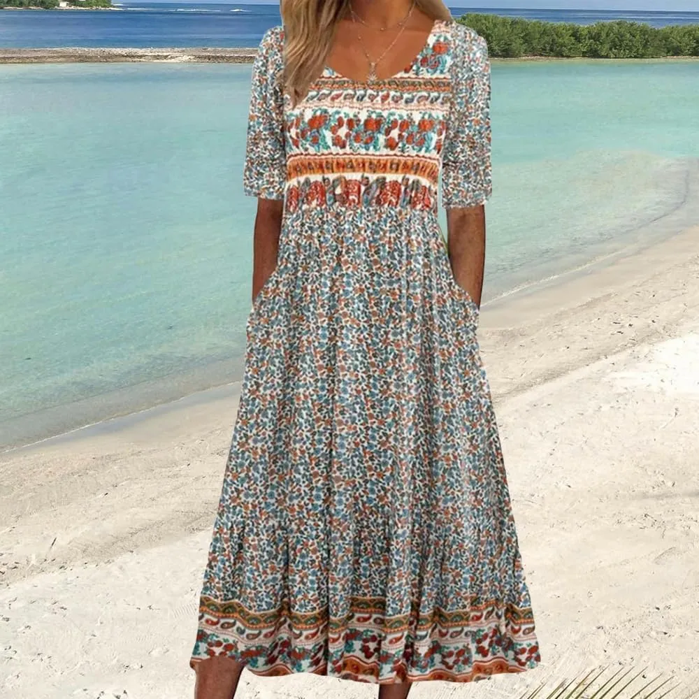 ZOCAVIA Women's Boho Floral Printed Maxi Dress Plus Size Short Sleeve Crew Neck Casual Dress Flowy Long Dress with Pockets
