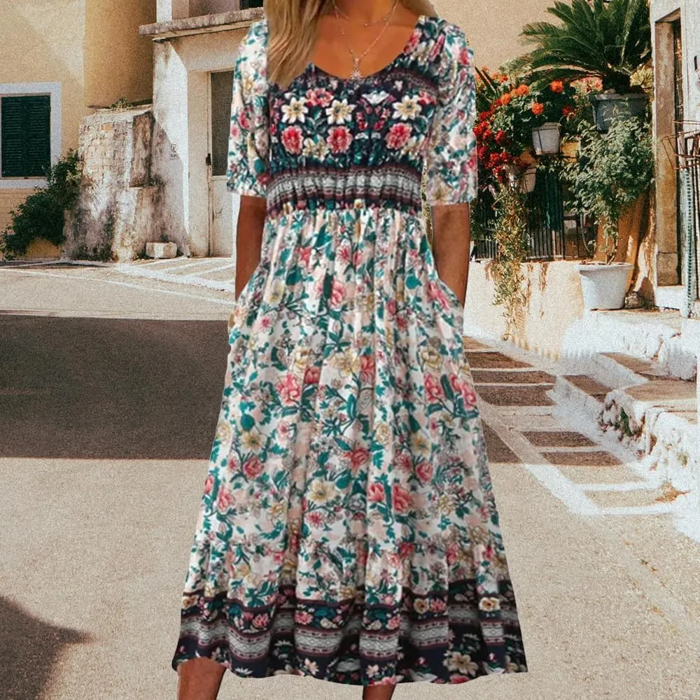 ZOCAVIA Women's Boho Floral Printed Maxi Dress Plus Size Short Sleeve Crew Neck Casual Dress Flowy Long Dress with Pockets