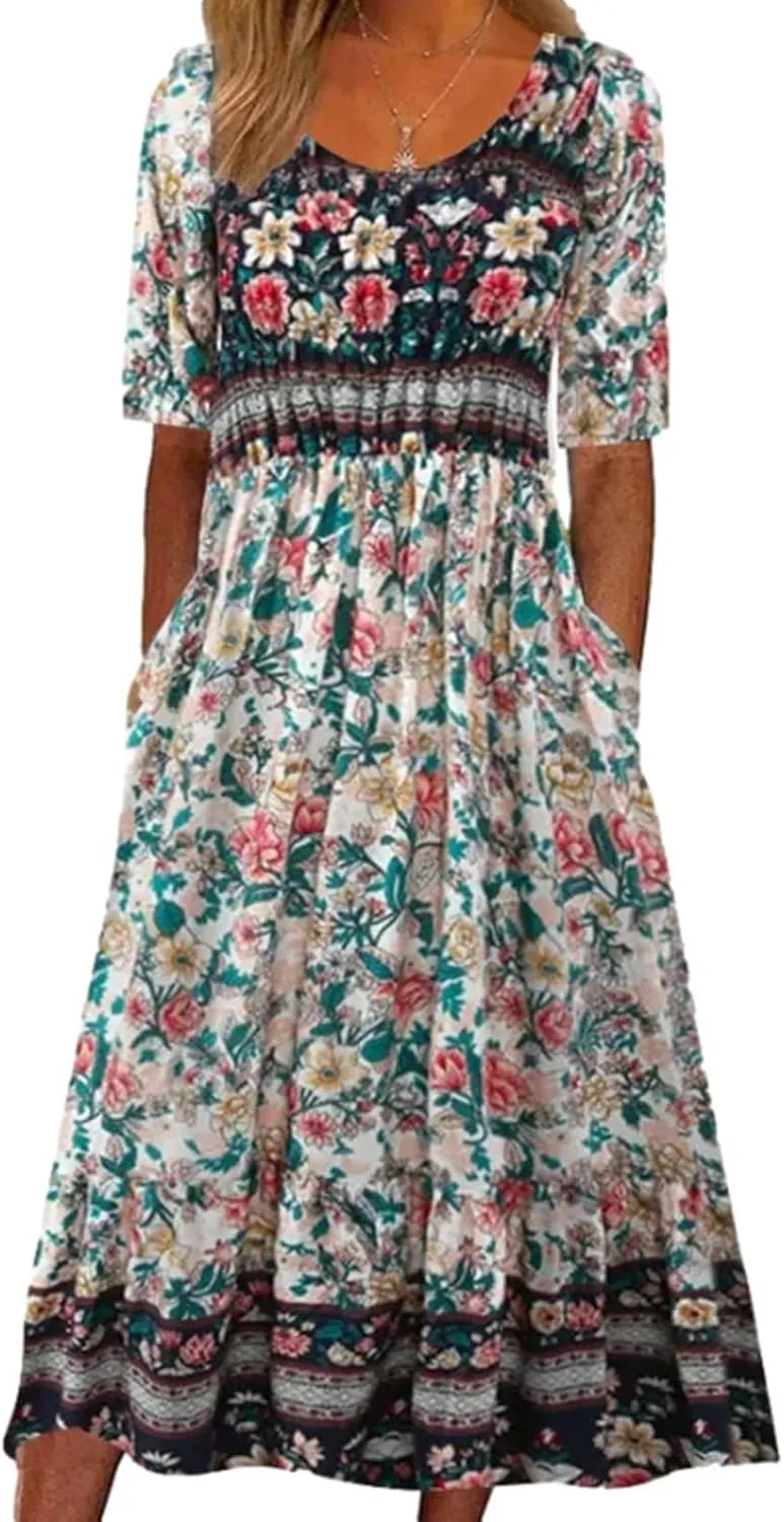 ZOCAVIA Women's Boho Floral Printed Maxi Dress Plus Size Short Sleeve Crew Neck Casual Dress Flowy Long Dress with Pockets
