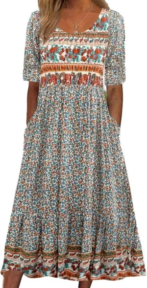 ZOCAVIA Women's Boho Floral Printed Maxi Dress Plus Size Short Sleeve Crew Neck Casual Dress Flowy Long Dress with Pockets