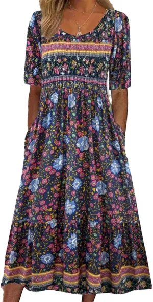 ZOCAVIA Women's Boho Floral Printed Maxi Dress Plus Size Short Sleeve Crew Neck Casual Dress Flowy Long Dress with Pockets