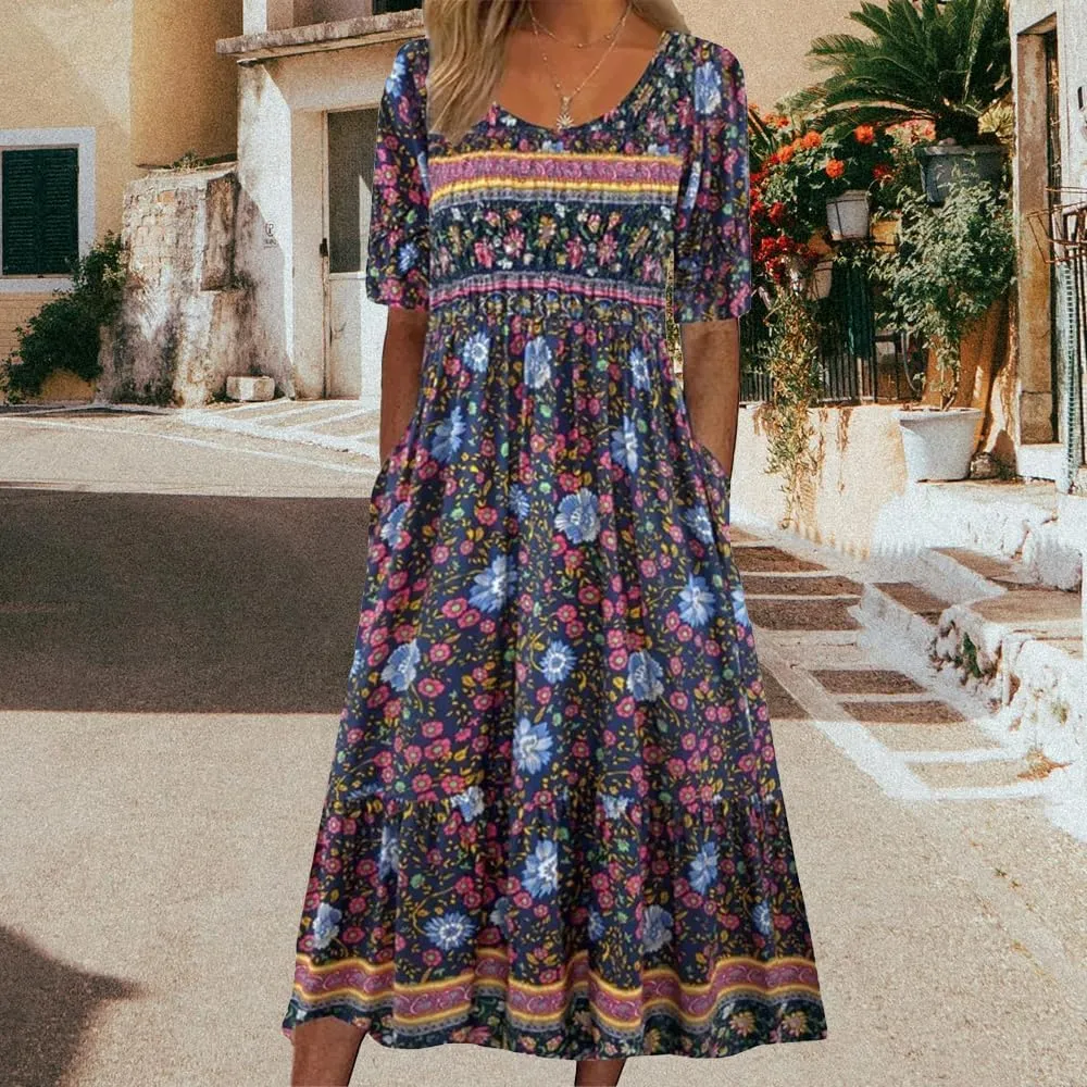 ZOCAVIA Women's Boho Floral Printed Maxi Dress Plus Size Short Sleeve Crew Neck Casual Dress Flowy Long Dress with Pockets