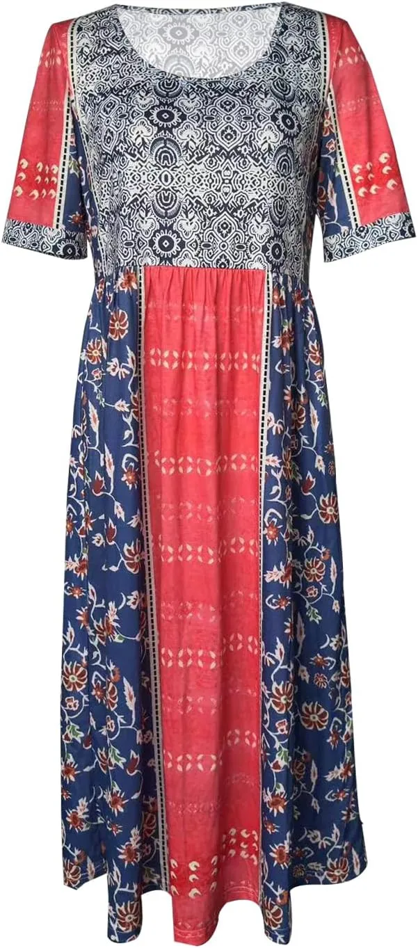 ZOCAVIA Women's Boho Floral Printed Maxi Dress Plus Size Short Sleeve Crew Neck Casual Dress Flowy Long Dress with Pockets