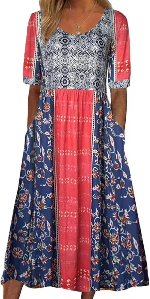 ZOCAVIA Women's Boho Floral Printed Maxi Dress Plus Size Short Sleeve Crew Neck Casual Dress Flowy Long Dress with Pockets