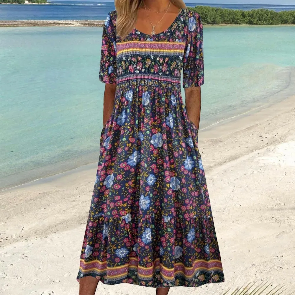 ZOCAVIA Women's Boho Floral Printed Maxi Dress Plus Size Short Sleeve Crew Neck Casual Dress Flowy Long Dress with Pockets