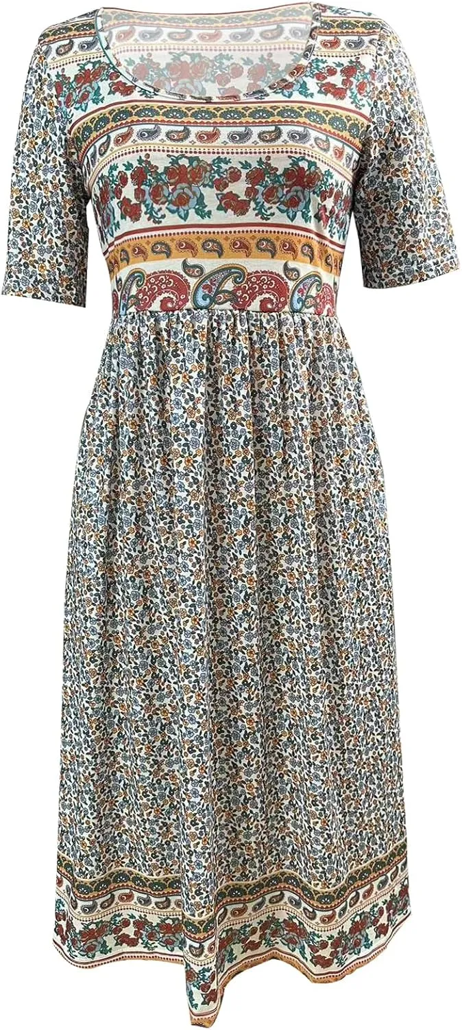 ZOCAVIA Women's Boho Floral Printed Maxi Dress Plus Size Short Sleeve Crew Neck Casual Dress Flowy Long Dress with Pockets