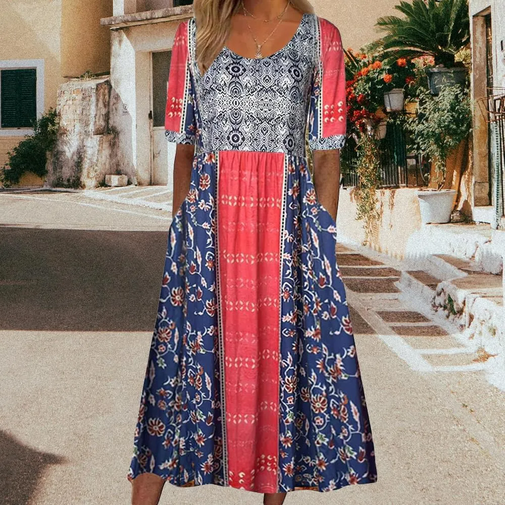 ZOCAVIA Women's Boho Floral Printed Maxi Dress Plus Size Short Sleeve Crew Neck Casual Dress Flowy Long Dress with Pockets