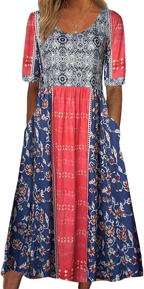 ZOCAVIA Women's Boho Floral Printed Maxi Dress Plus Size Short Sleeve Crew Neck Casual Dress Flowy Long Dress with Pockets