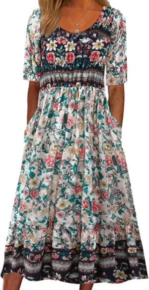 ZOCAVIA Women's Boho Floral Printed Maxi Dress Plus Size Short Sleeve Crew Neck Casual Dress Flowy Long Dress with Pockets