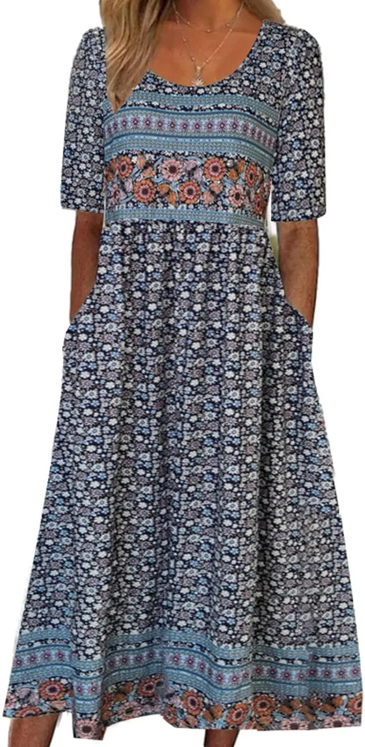 ZOCAVIA Women's Boho Floral Printed Maxi Dress Plus Size Short Sleeve Crew Neck Casual Dress Flowy Long Dress with Pockets