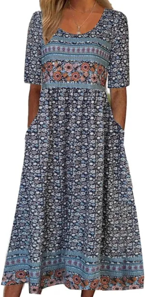 ZOCAVIA Women's Boho Floral Printed Maxi Dress Plus Size Short Sleeve Crew Neck Casual Dress Flowy Long Dress with Pockets