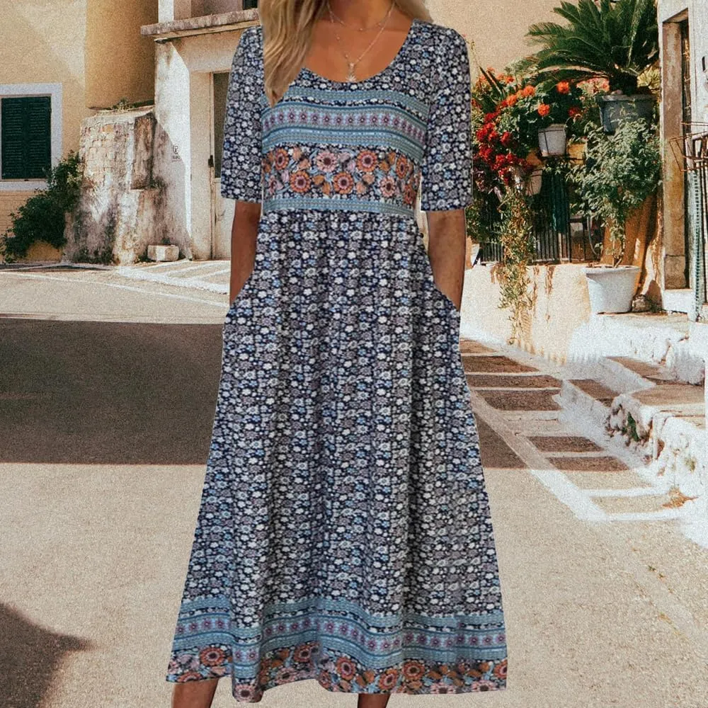 ZOCAVIA Women's Boho Floral Printed Maxi Dress Plus Size Short Sleeve Crew Neck Casual Dress Flowy Long Dress with Pockets