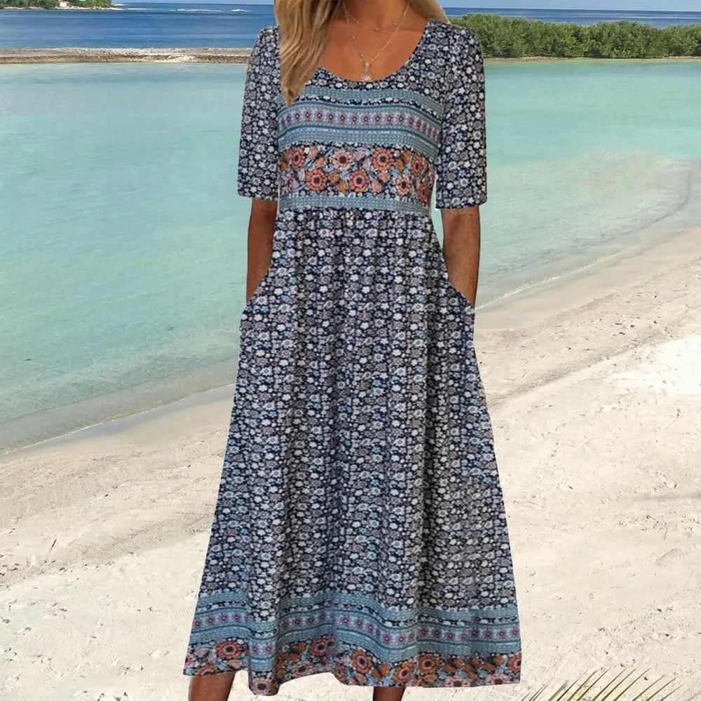 ZOCAVIA Women's Boho Floral Printed Maxi Dress Plus Size Short Sleeve Crew Neck Casual Dress Flowy Long Dress with Pockets