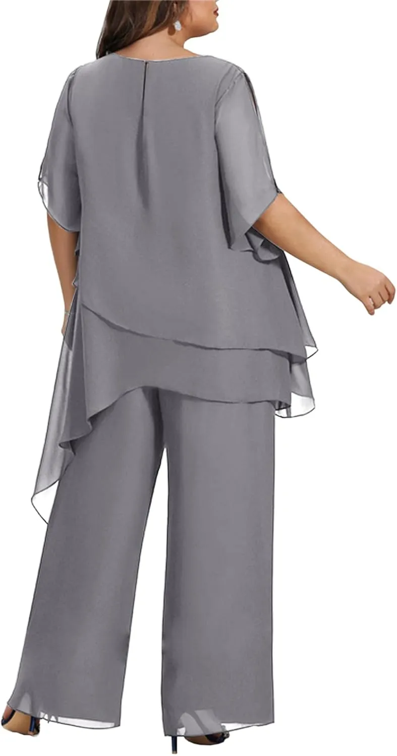 Zongqiven Women's 2 Pcs Plus Size Mother of The Bride Pant Suits Chiffon Asymmetric Flowy Tunic & Pant Outfit Set