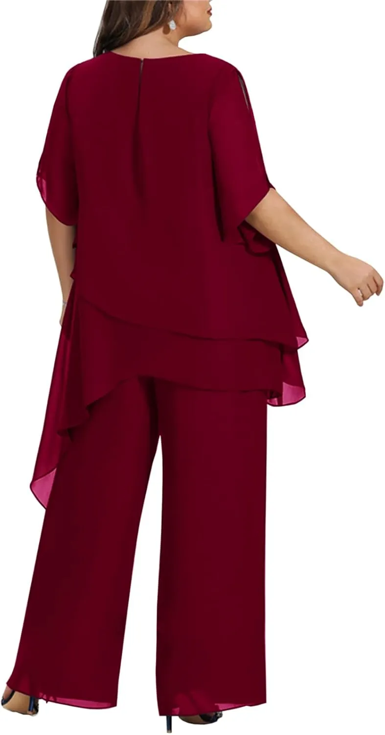 Zongqiven Women's 2 Pcs Plus Size Mother of The Bride Pant Suits Chiffon Asymmetric Flowy Tunic & Pant Outfit Set