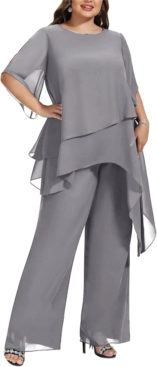 Zongqiven Women's 2 Pcs Plus Size Mother of The Bride Pant Suits Chiffon Asymmetric Flowy Tunic & Pant Outfit Set