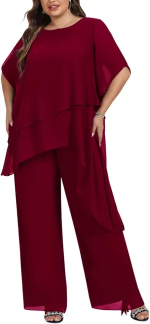 Zongqiven Women's 2 Pcs Plus Size Mother of The Bride Pant Suits Chiffon Asymmetric Flowy Tunic & Pant Outfit Set