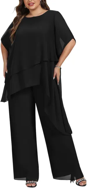 Zongqiven Women's 2 Pcs Plus Size Mother of The Bride Pant Suits Chiffon Asymmetric Flowy Tunic & Pant Outfit Set