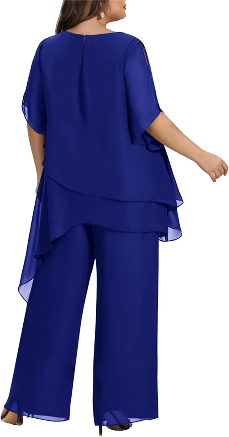 Zongqiven Women's 2 Pcs Plus Size Mother of The Bride Pant Suits Chiffon Asymmetric Flowy Tunic & Pant Outfit Set