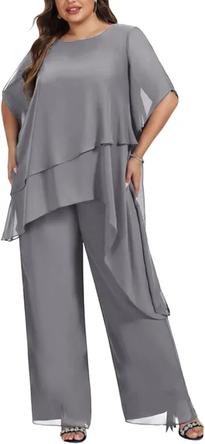 Zongqiven Women's 2 Pcs Plus Size Mother of The Bride Pant Suits Chiffon Asymmetric Flowy Tunic & Pant Outfit Set