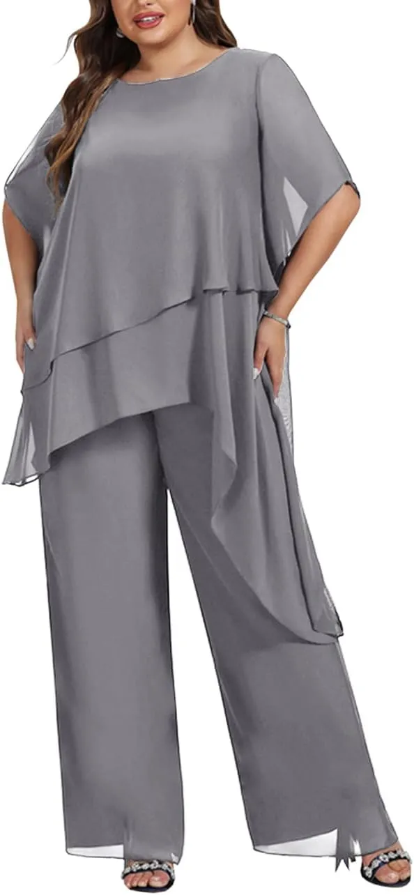 Zongqiven Women's 2 Pcs Plus Size Mother of The Bride Pant Suits Chiffon Asymmetric Flowy Tunic & Pant Outfit Set
