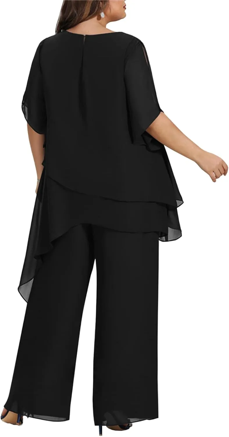 Zongqiven Women's 2 Pcs Plus Size Mother of The Bride Pant Suits Chiffon Asymmetric Flowy Tunic & Pant Outfit Set