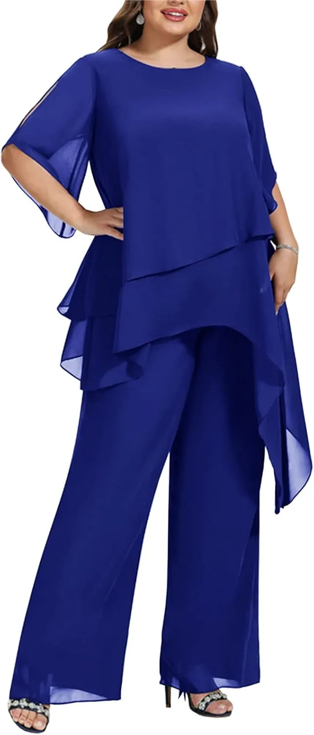 Zongqiven Women's 2 Pcs Plus Size Mother of The Bride Pant Suits Chiffon Asymmetric Flowy Tunic & Pant Outfit Set