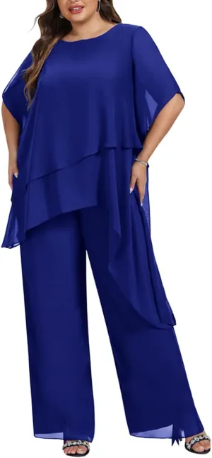Zongqiven Women's 2 Pcs Plus Size Mother of The Bride Pant Suits Chiffon Asymmetric Flowy Tunic & Pant Outfit Set