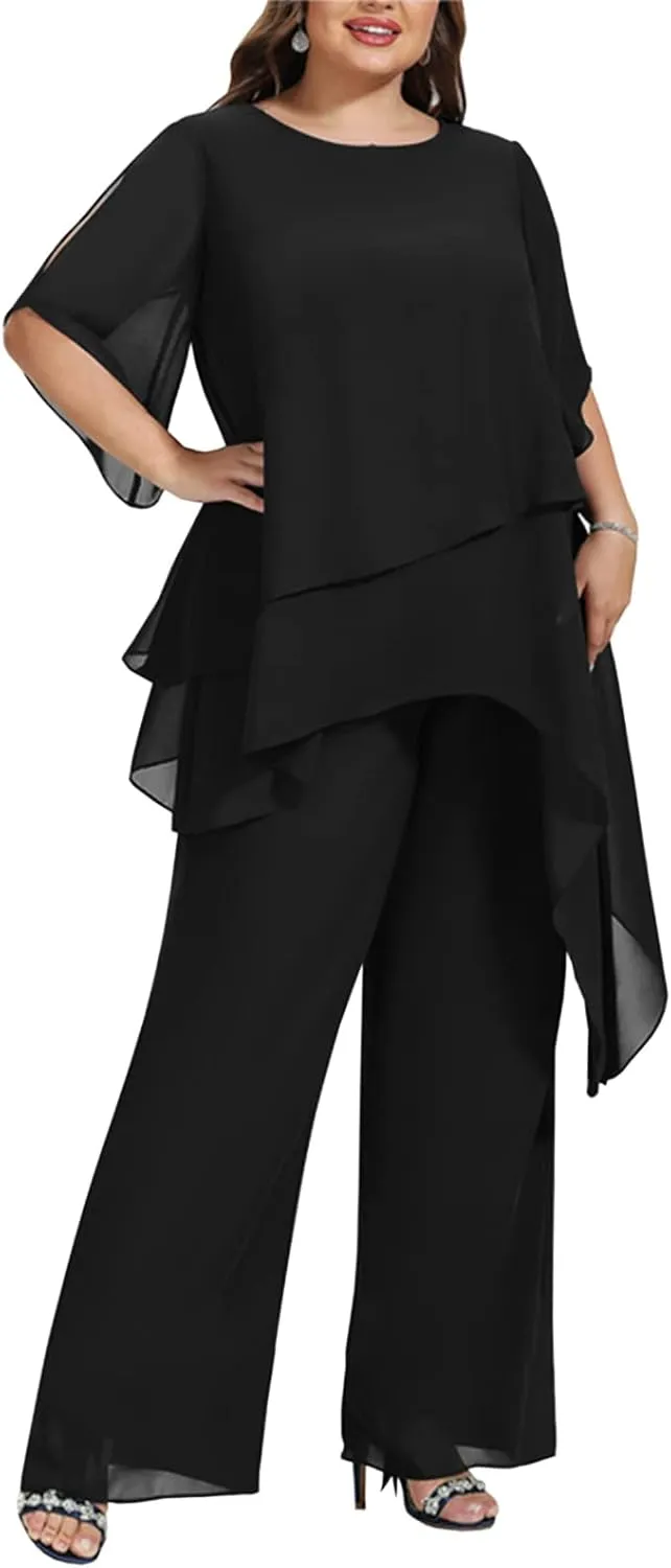 Zongqiven Women's 2 Pcs Plus Size Mother of The Bride Pant Suits Chiffon Asymmetric Flowy Tunic & Pant Outfit Set
