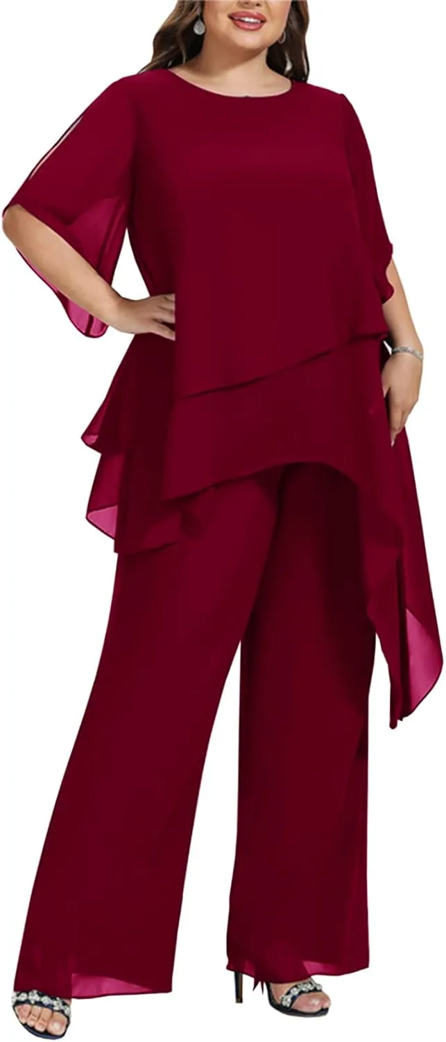 Zongqiven Women's 2 Pcs Plus Size Mother of The Bride Pant Suits Chiffon Asymmetric Flowy Tunic & Pant Outfit Set