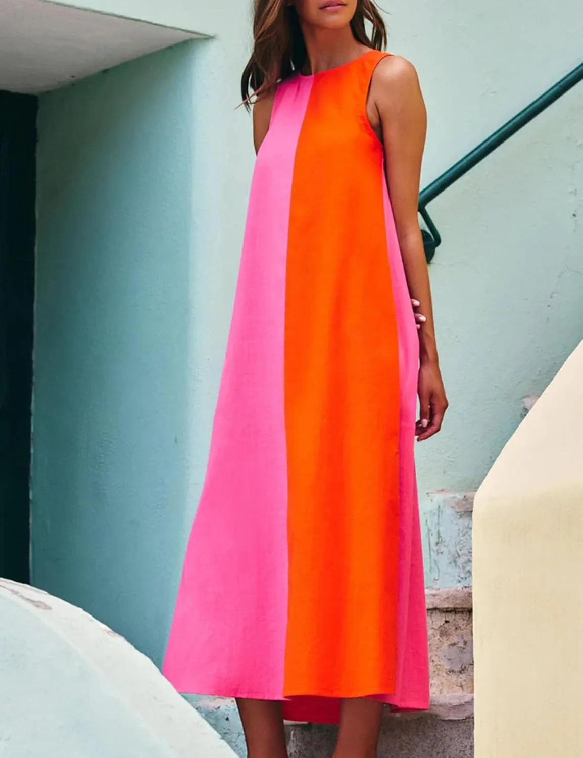 Zontroldy Summer Casual Dress for Women Long Sleeveless Crewneck Dresses Color Block Side Slit Beach Vacation Dress