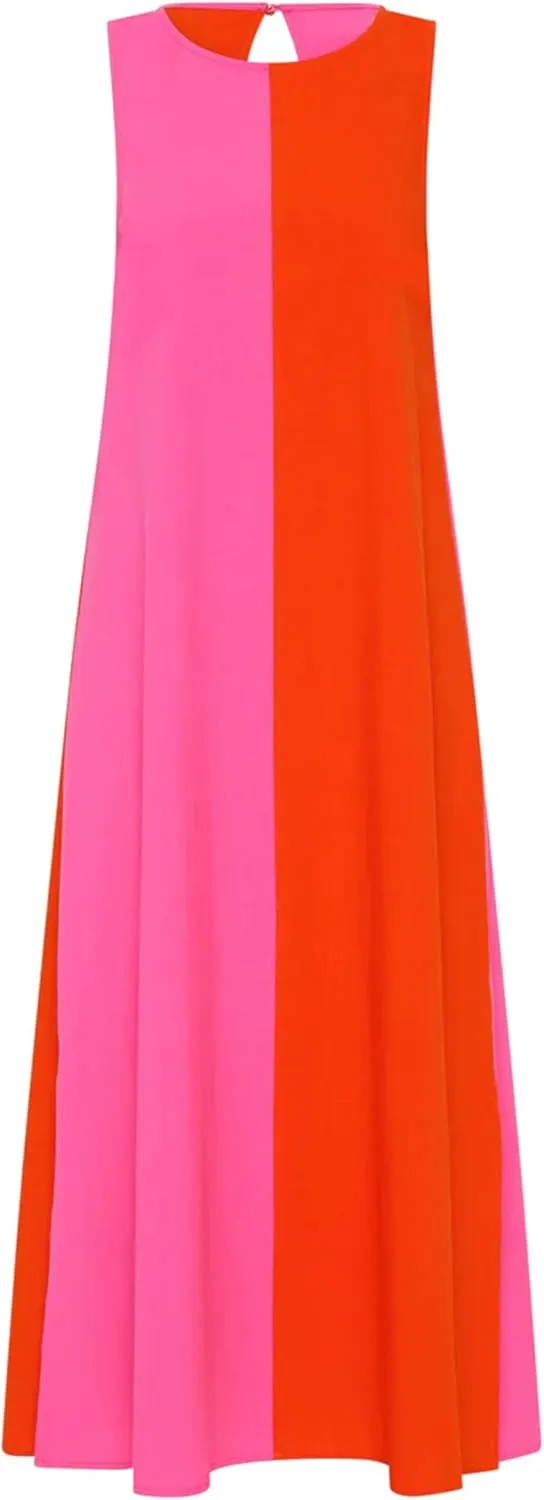 Zontroldy Summer Casual Dress for Women Long Sleeveless Crewneck Dresses Color Block Side Slit Beach Vacation Dress