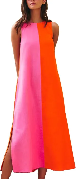 Zontroldy Summer Casual Dress for Women Long Sleeveless Crewneck Dresses Color Block Side Slit Beach Vacation Dress