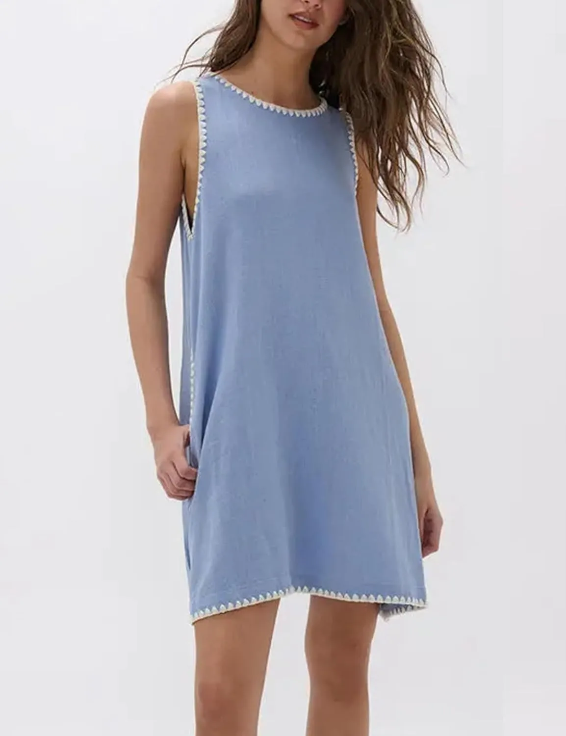Zontroldy Summer Sleeveless Mini Dress Casual Crewneck Short Sundress Dresses with Pockets